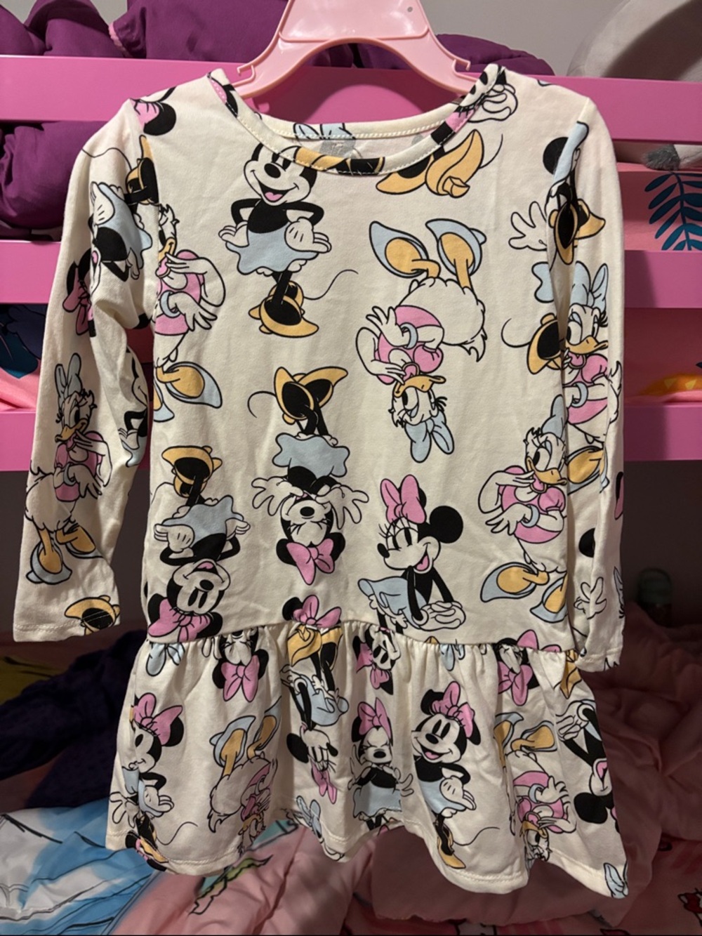Cream Minnie & Daisy Print Long-Sleeve Dress with Pink Accents